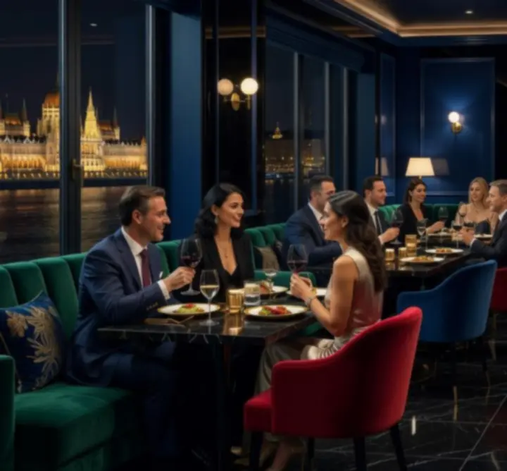 Elegáns éttermi enteriőr éjszakai hangulattal Budapesten