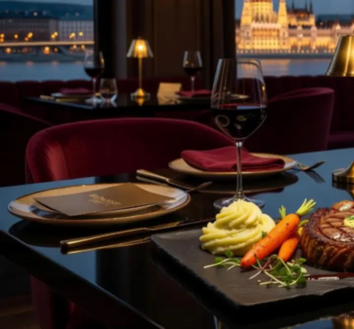 Gourmet steak főétel elegáns tálalással a Nyerő Mester étterem Budapest étlapján
