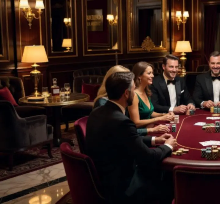 Elegáns offline pókerasztal barátságos társasággal egy budapesti étterem lounge részében