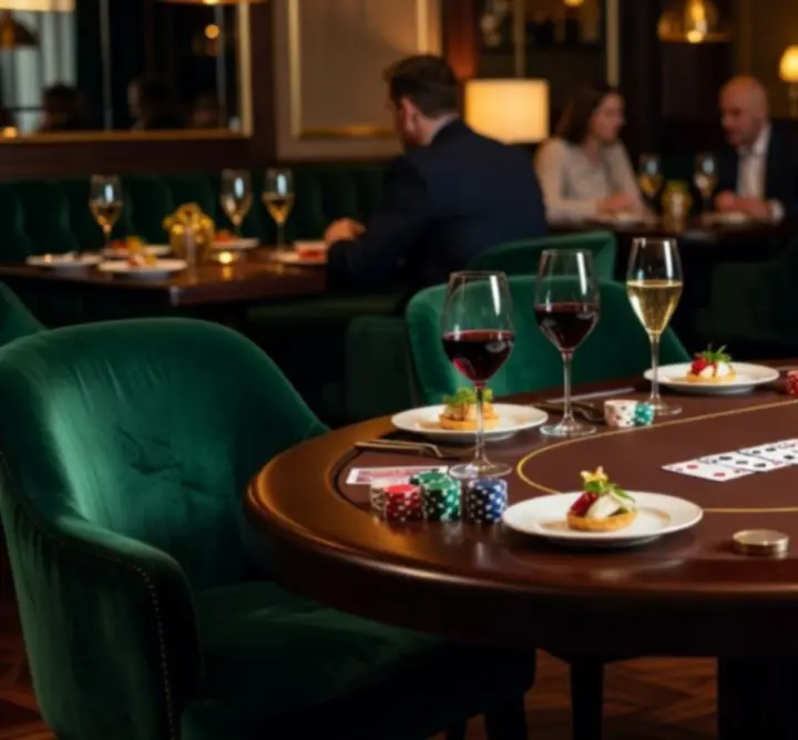 Stílusos éttermi térben elhelyezett pókerasztal, lounge hangulattal